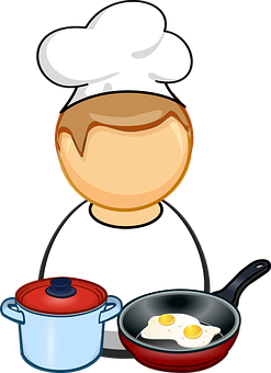 A Cartoon Of A Chef With A Pan And Eggs