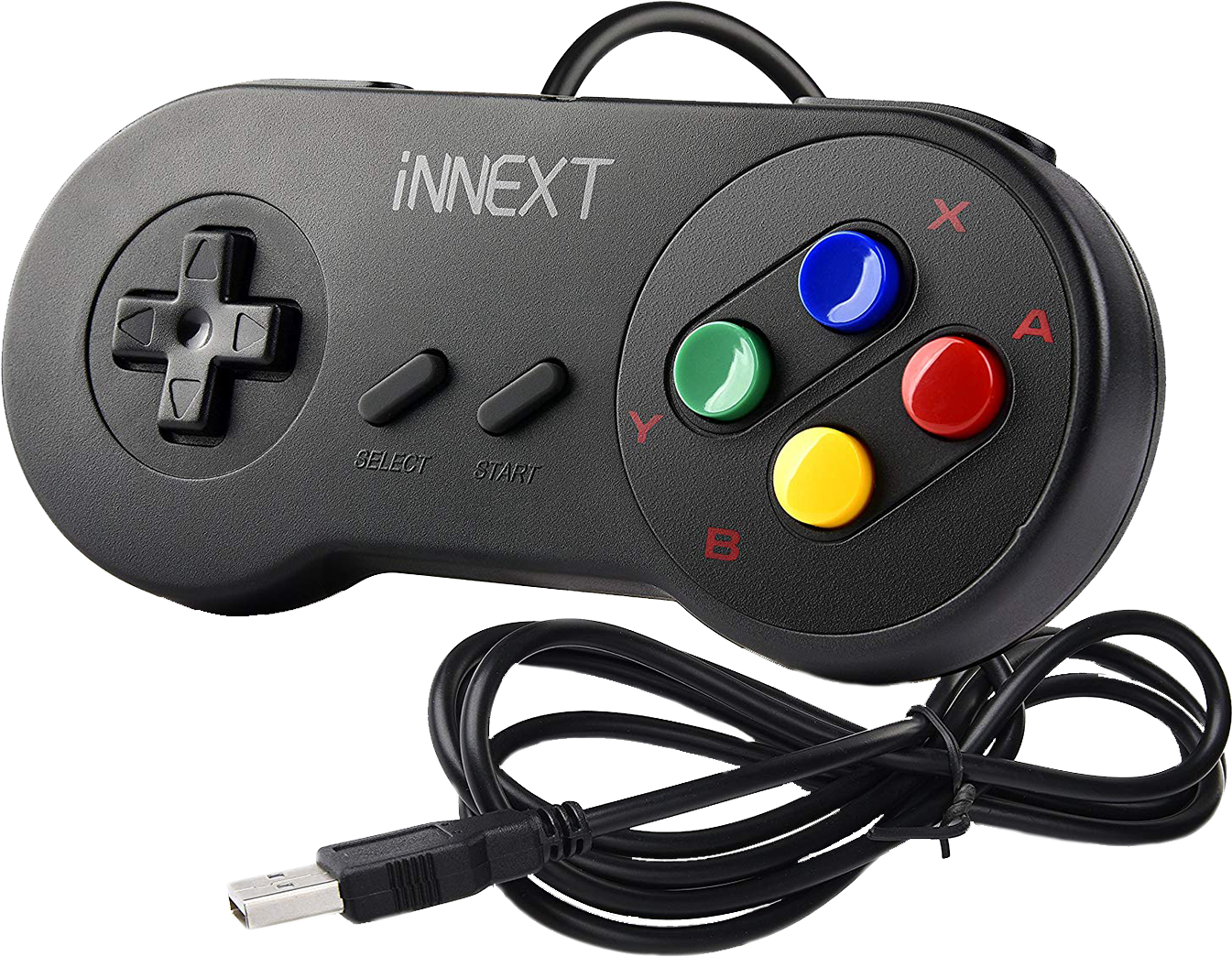 A Black Video Game Controller With Colorful Buttons And A Cord