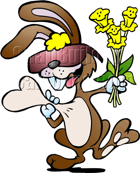Cartoon Of A Rabbit Holding A Bone And Flowers