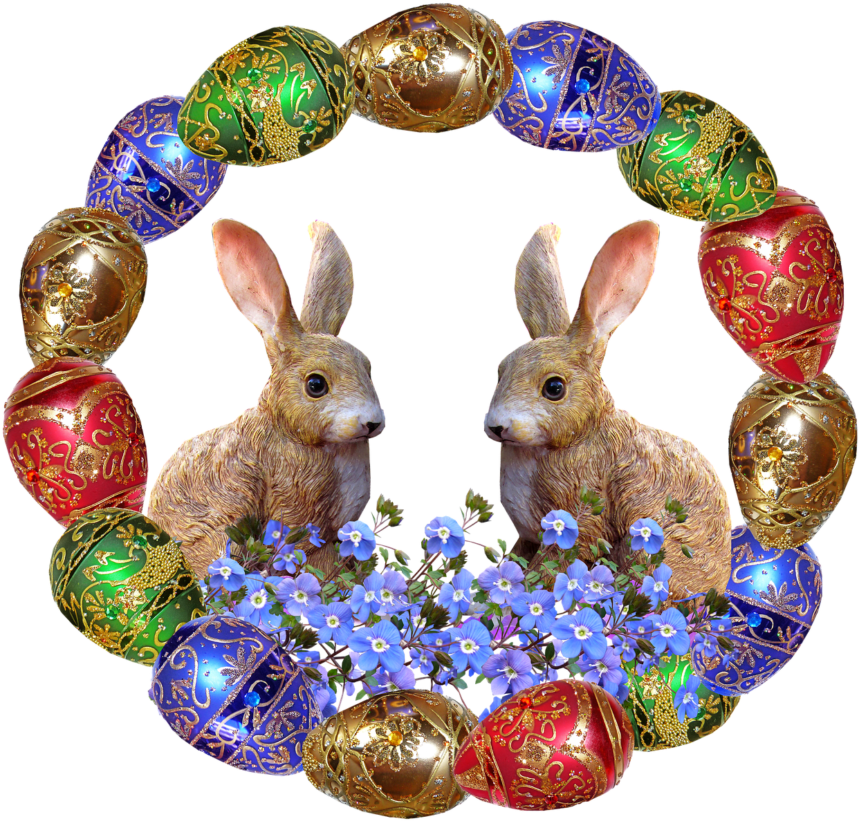 Two Rabbits In A Wreath Of Eggs