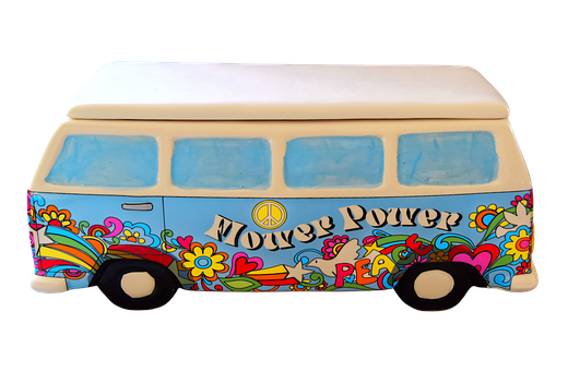 A Blue And White Van With Flowers And Words