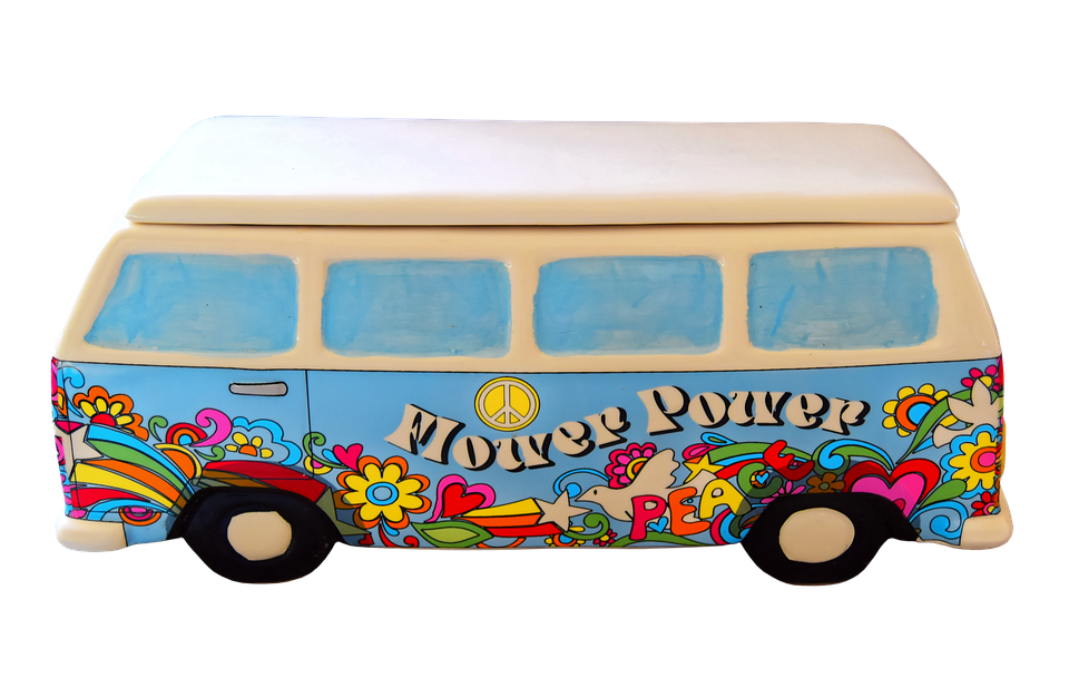 A Ceramic Container With A Blue And White Van Painted With Flowers