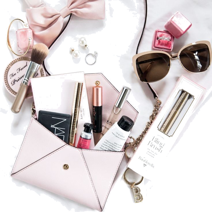 A Bag With Makeup Items And Sunglasses