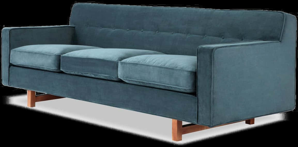 A Blue Couch With Wooden Legs