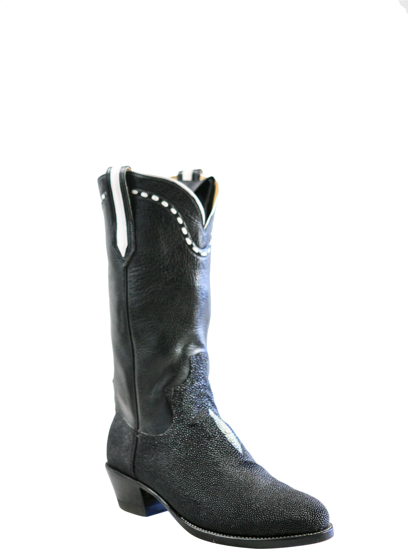 A Black Boot With White Stitching