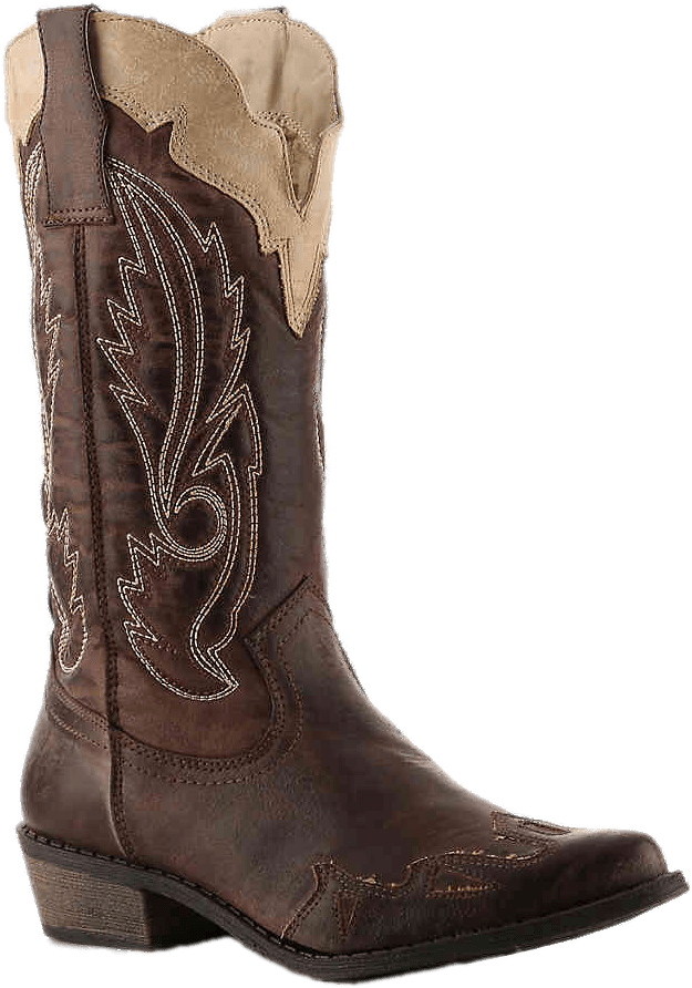 A Brown Cowboy Boot With White Stitching