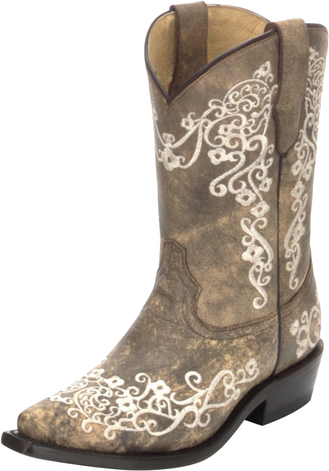 A Brown Cowboy Boot With White Embroidery