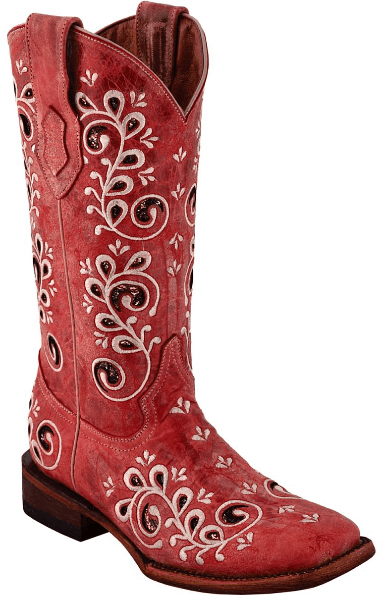 A Red Boot With Black And Brown Designs