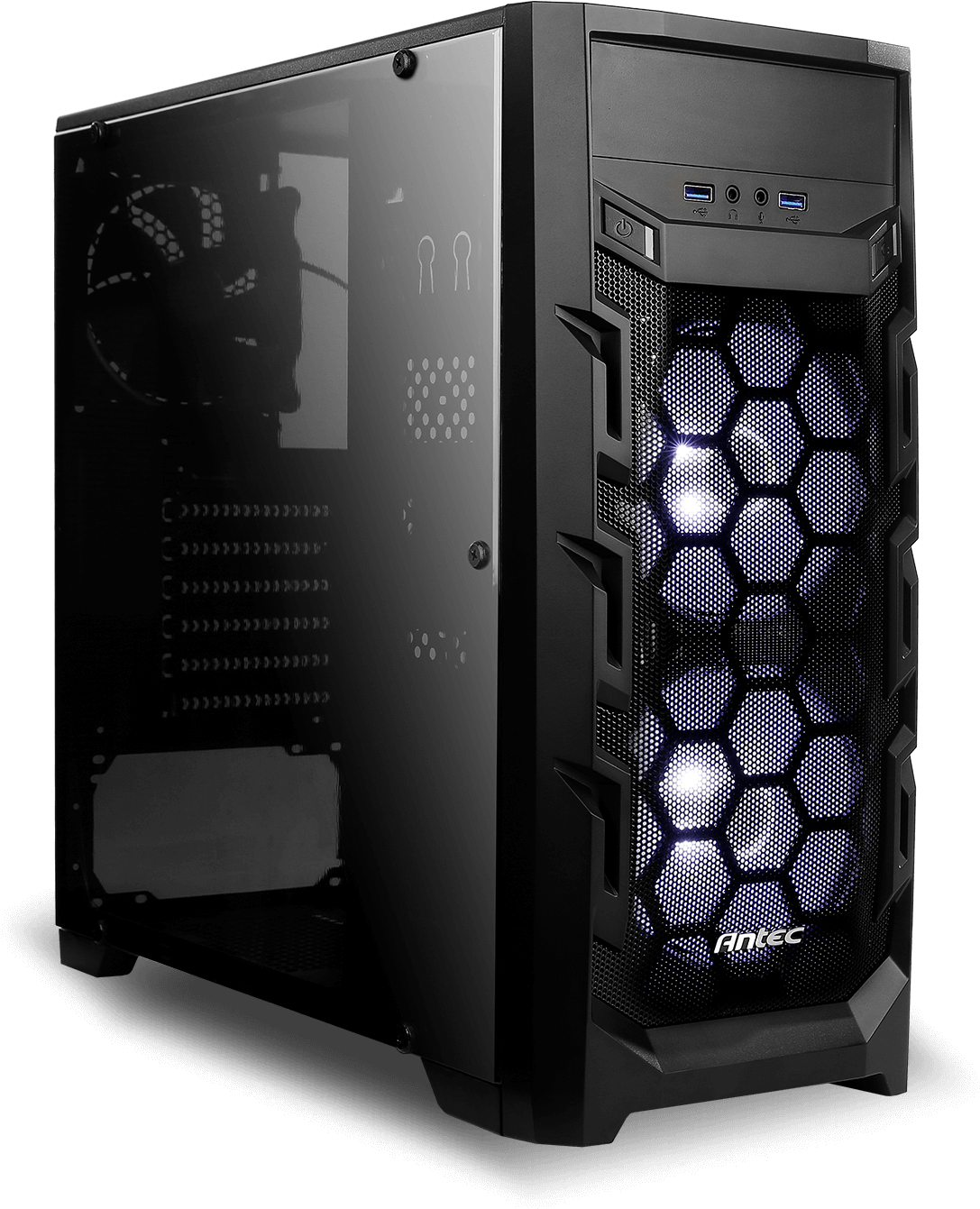 A Black Computer Tower With A Light On The Side