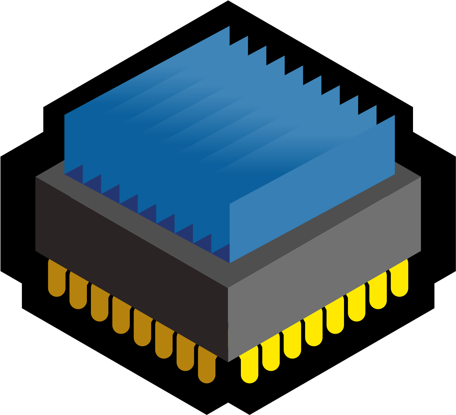 A Computer Chip With Blue Square And Yellow Pins
