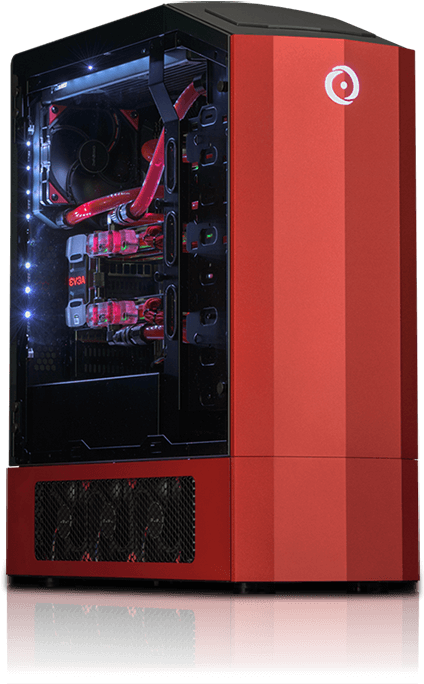A Red Computer Tower With Many Wires And Lights