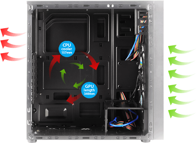 A Black Computer Case With Green Arrows And Blue And Red Arrows