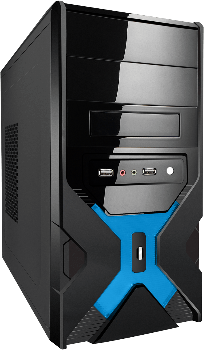 A Black And Blue Computer Tower