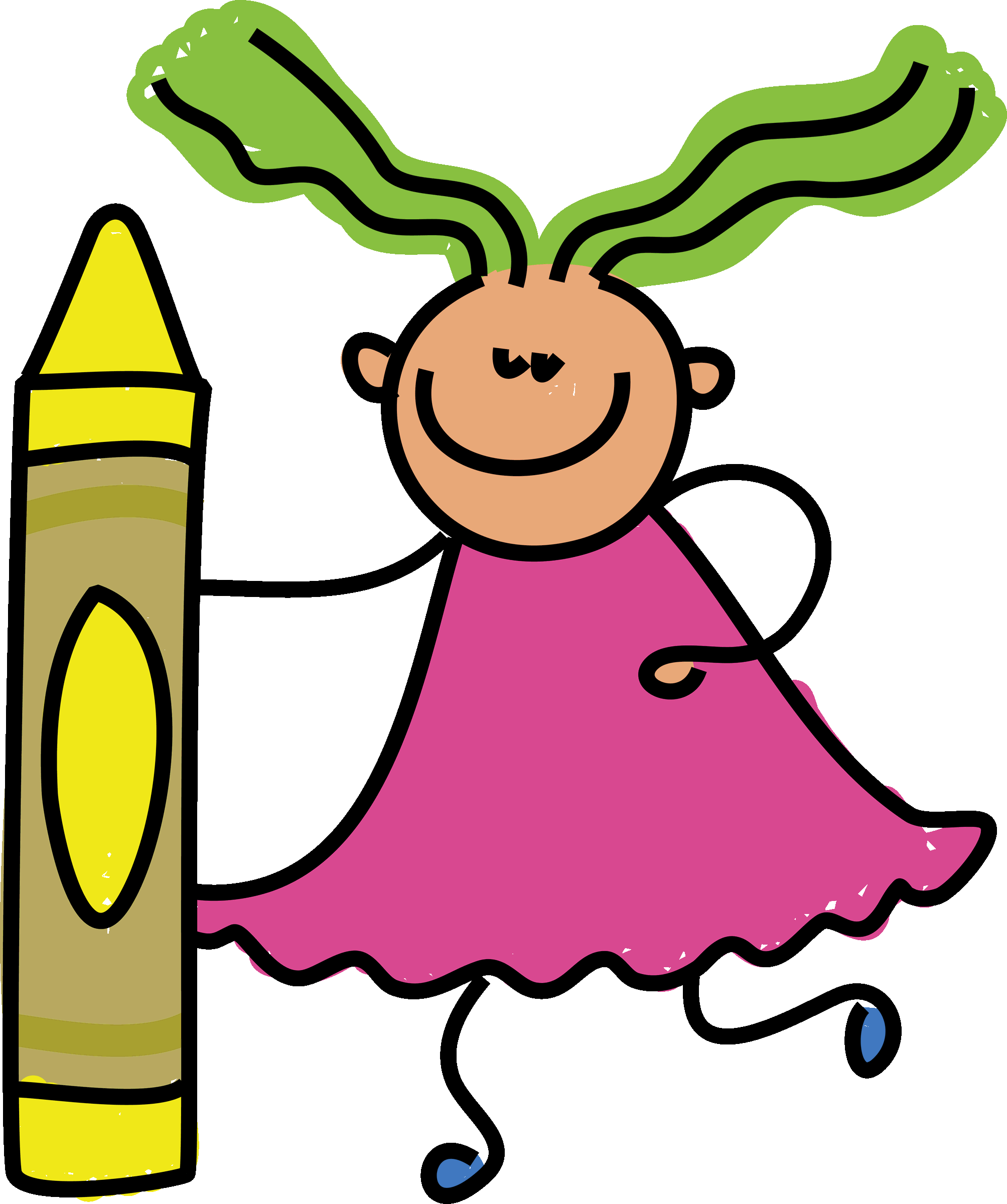 A Cartoon Of A Girl With A Pink Dress And A Yellow Crayon