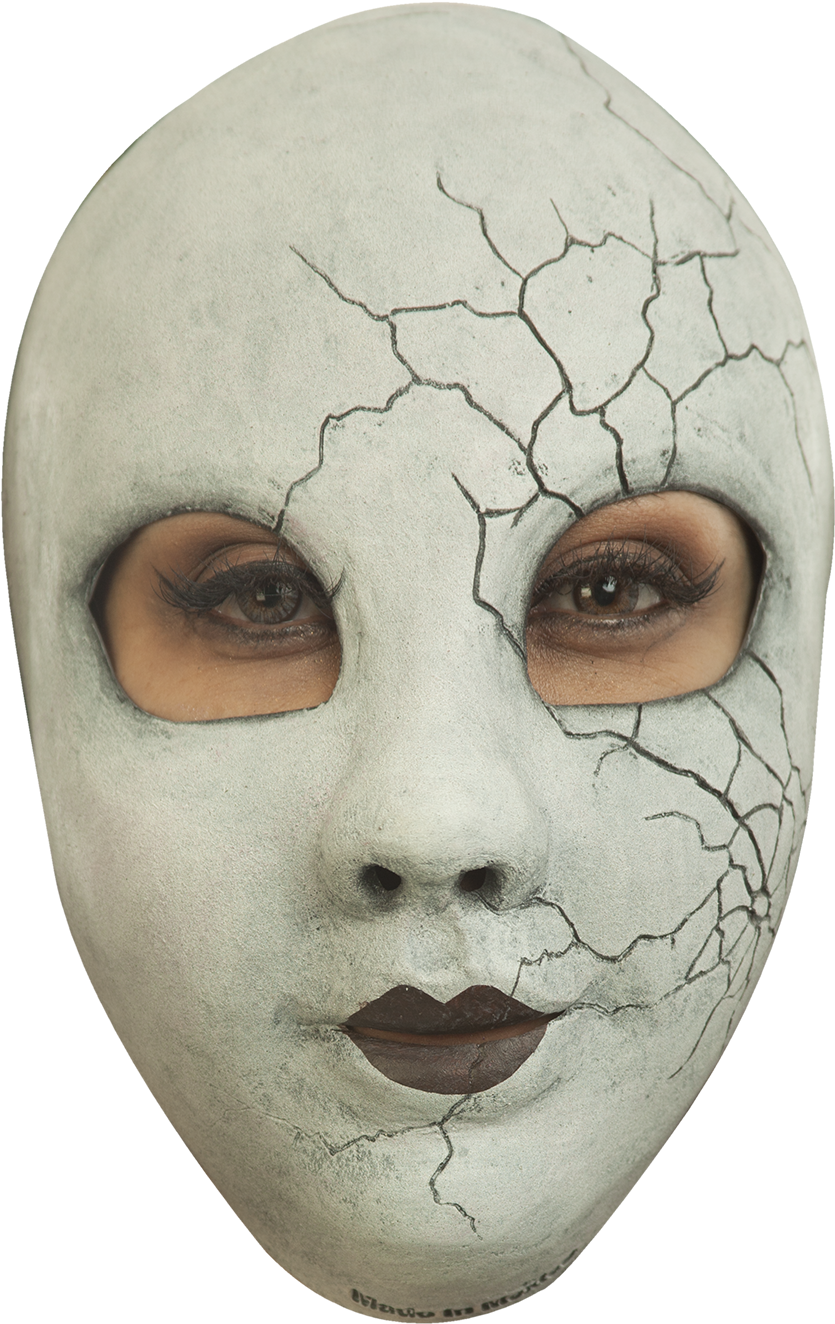 A Woman Wearing A Cracked White Mask