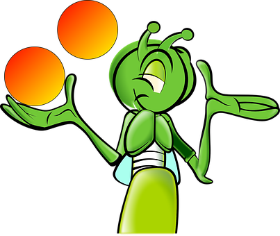 A Cartoon Of A Green Bug With Two Orange And Red Balls