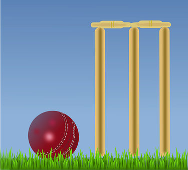 A Red Ball And Four Stumps In Grass