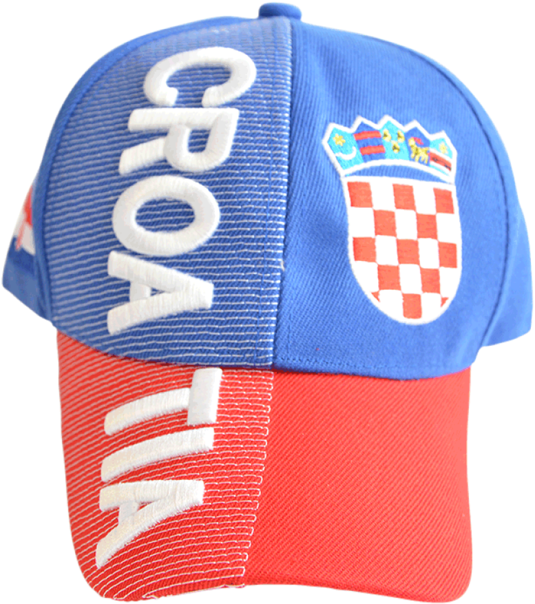 A Red And Blue Hat With White Text