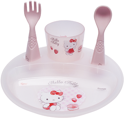 A Pink Baby Plate With Spoons And Fork