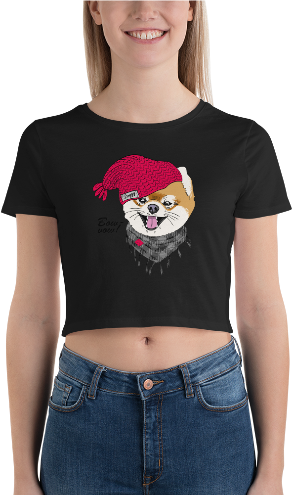 A Woman Wearing A Black Shirt With A Dog On It