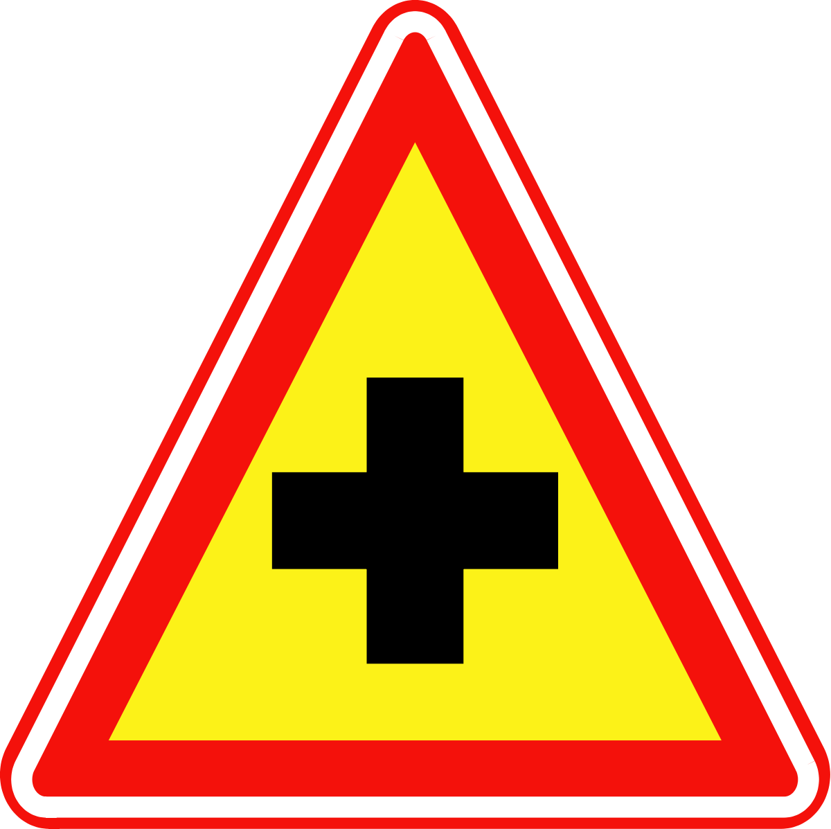 A Yellow And Red Triangle Sign With A Black Cross