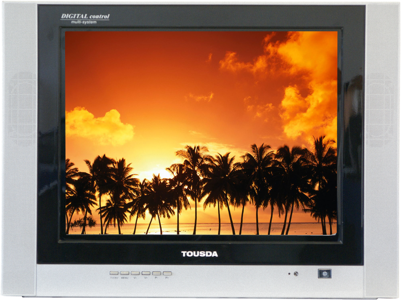 A Television Screen With Palm Trees And A Sunset