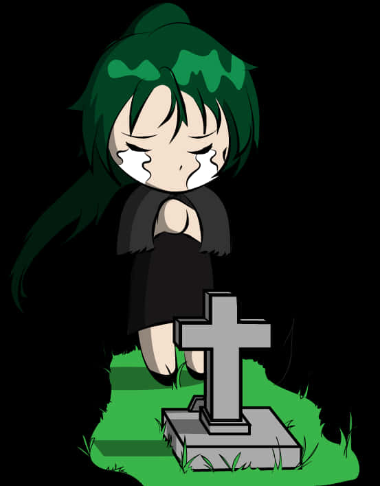 A Cartoon Of A Girl Crying Next To A Grave