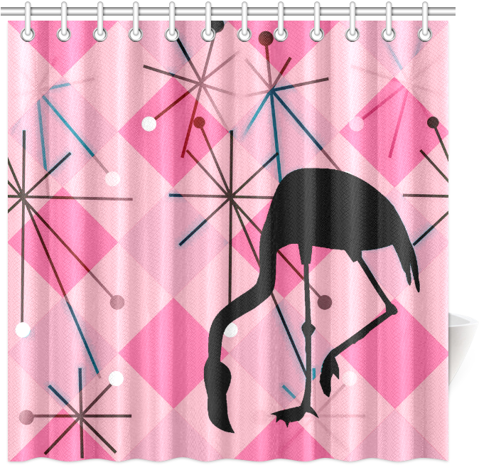 A Pink Shower Curtain With A Flamingo