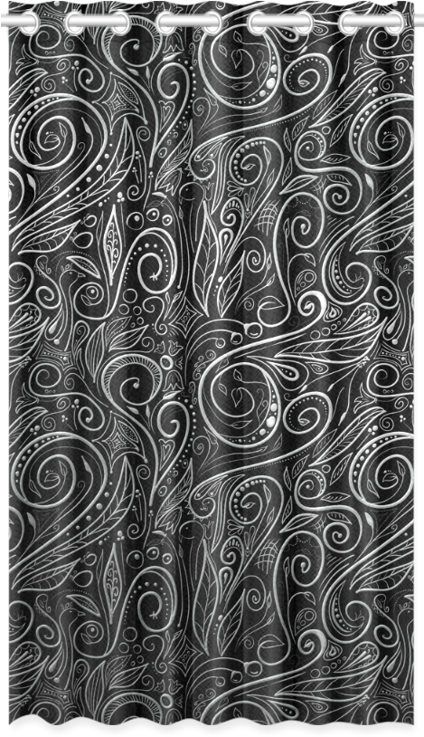 A Black And White Curtain With Swirls And Leaves