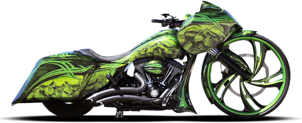 A Green Motorcycle With A Skull Design