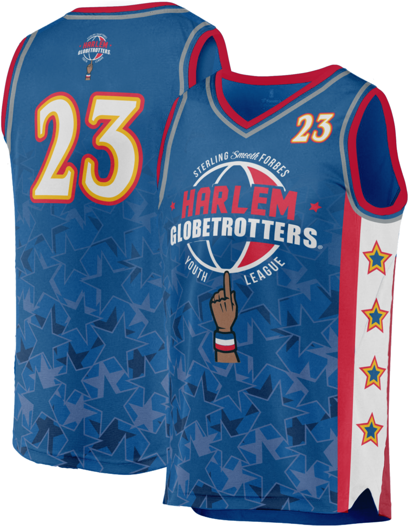 A Blue Basketball Jersey With A Red And White Design