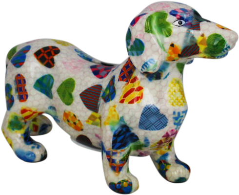 A Ceramic Dog With Colorful Hearts