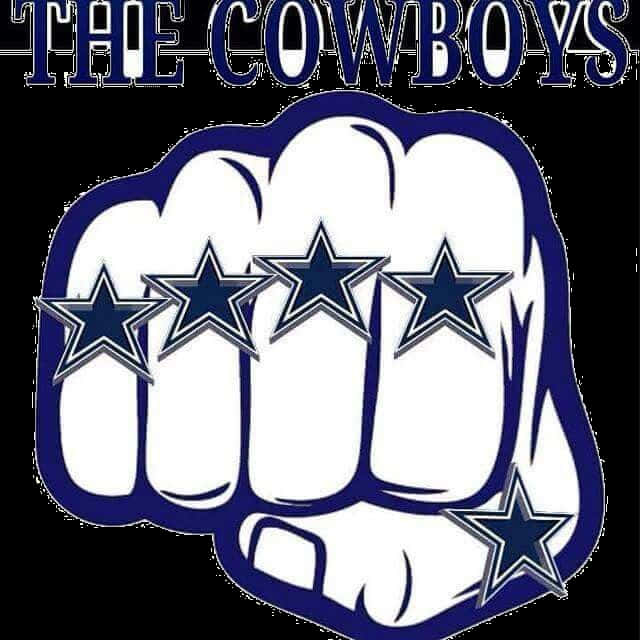 A Blue And White Logo With A Fist And Stars