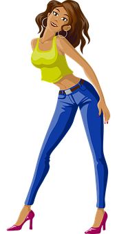 A Cartoon Of A Woman In Blue Jeans And A Yellow Shirt