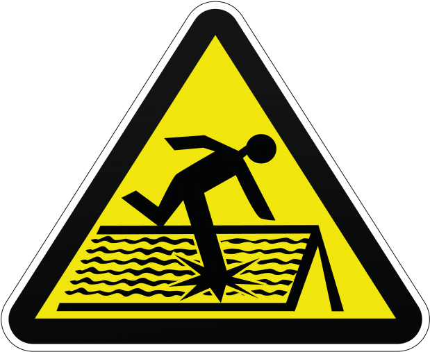 A Yellow Triangle Sign With A Person Falling Off Of The Water