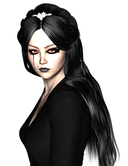 A Woman With Long Black Hair And Red Eyes