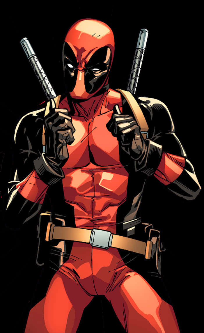 A Man In A Red And Black Garment Holding Two Swords