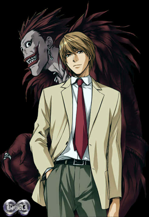 A Man In A Suit And Tie Standing Next To A Monster