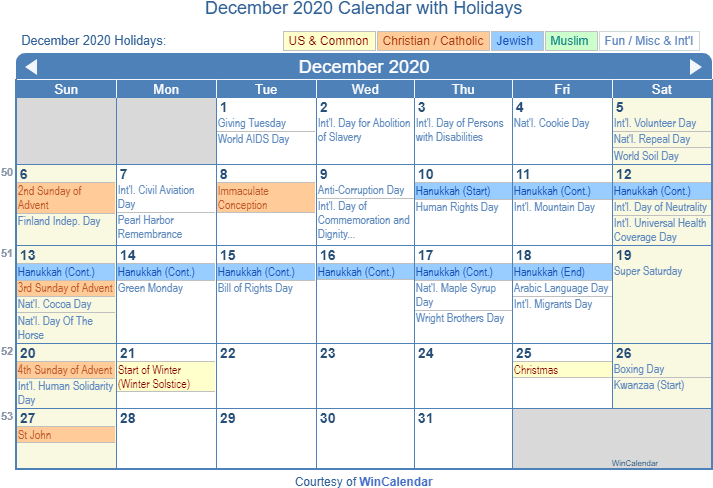 A Calendar With Holidays And Dates