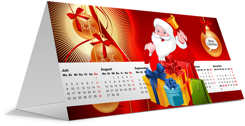 A Calendar With Santa Claus And Presents