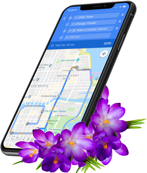 A Cell Phone With A Map And Purple Flowers
