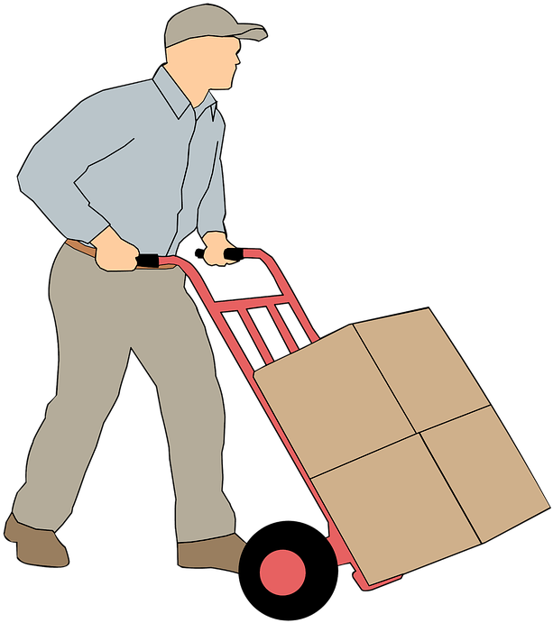 A Man Pushing A Hand Truck With A Box