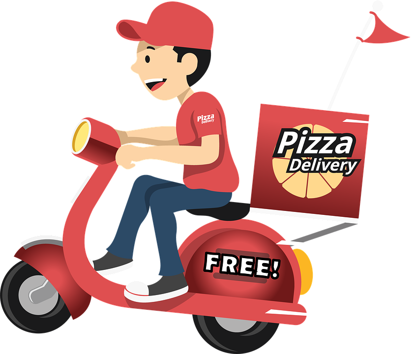 A Cartoon Of A Pizza Delivery Man Riding A Red Scooter