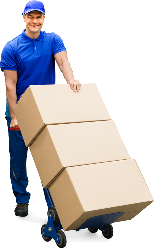 A Man In Blue Uniform Carrying A Stack Of Boxes
