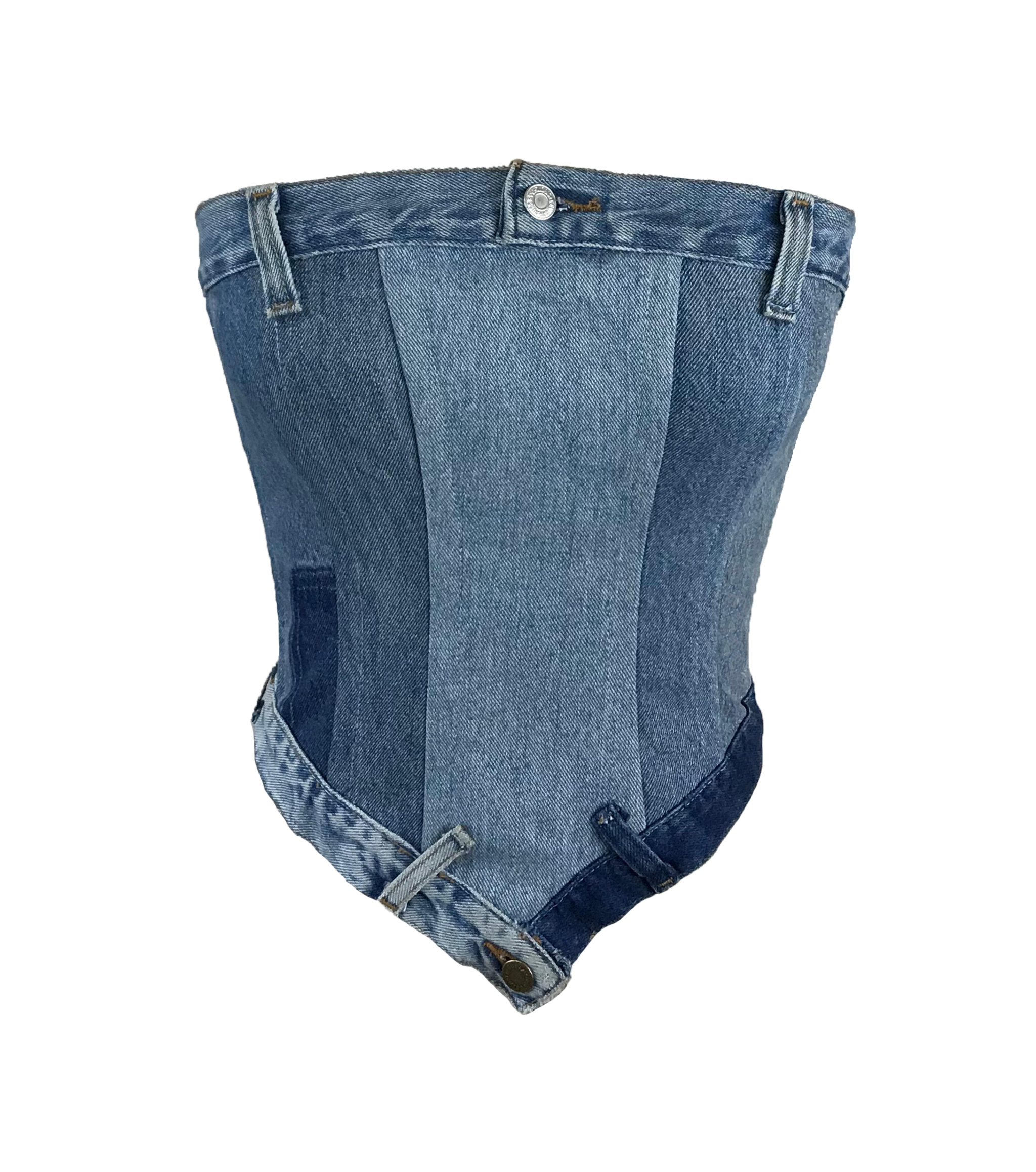 A Blue Jean Corset With A Black And White Background
