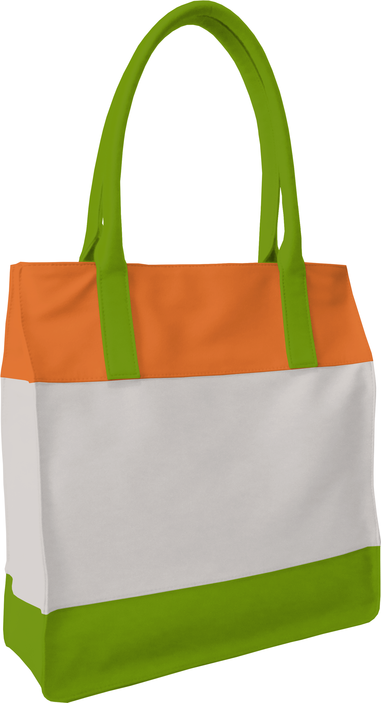 A White And Orange Bag With Green Handles