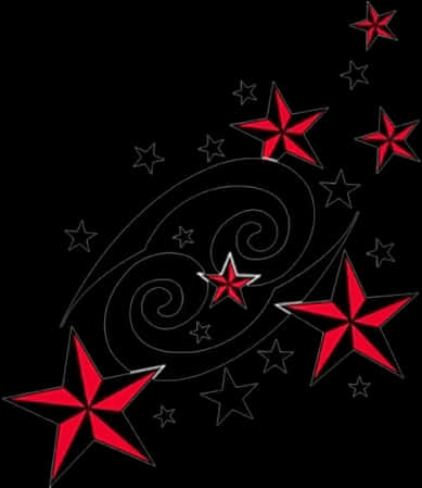 A Black Background With Red Stars And Swirls