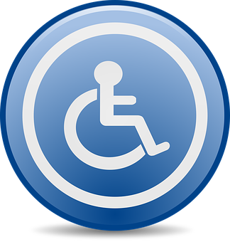 A Blue Button With A White Circle With A Person In A Wheelchair