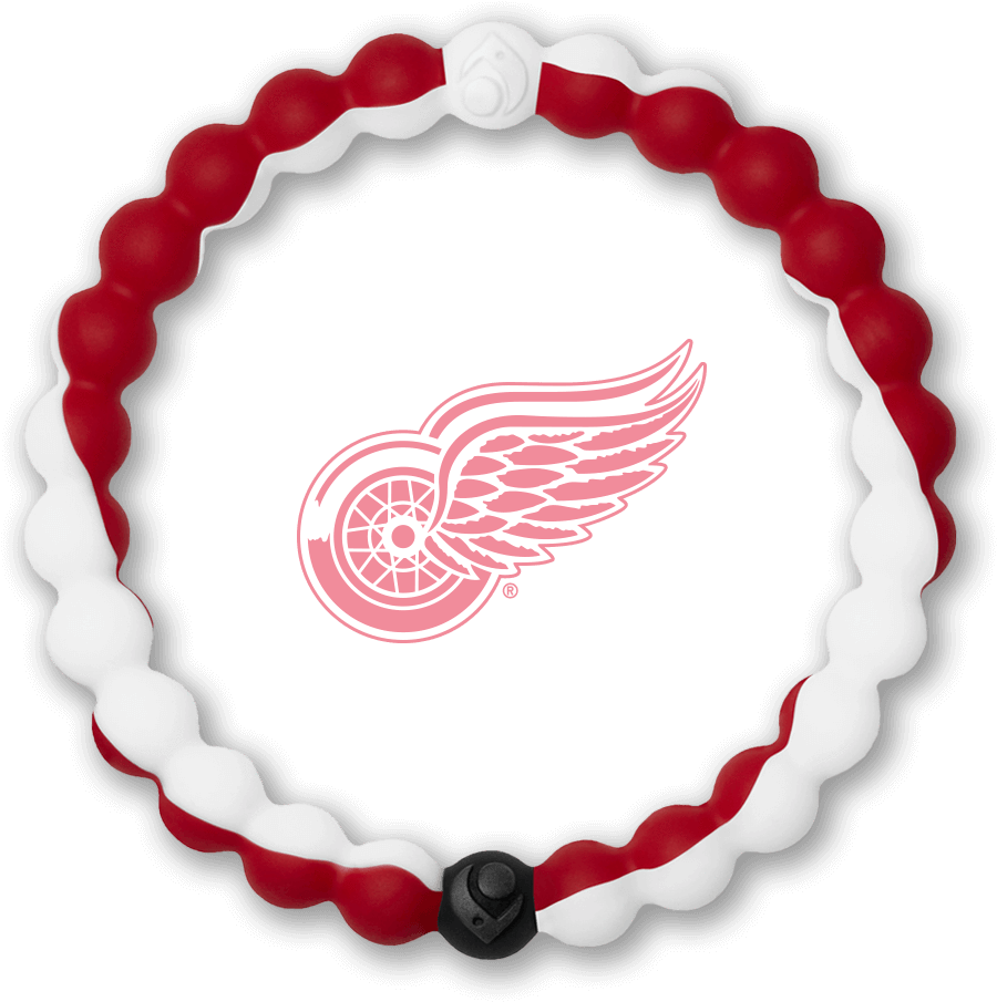 A Red And White Bracelet With A Logo