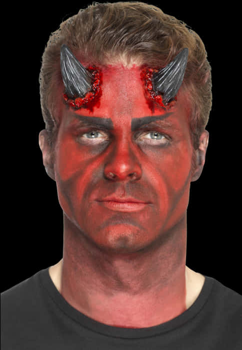 A Man With Red Face Paint And Horns